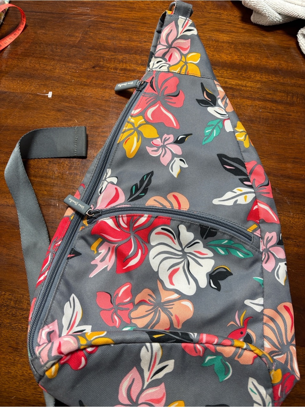 Vera Bradley Gray Floral Sling Backpack with Pink, Red & Yellow Accents